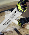 Pro Grade 14 Inch Hardpoint Handsaw With Cushioned Non Slip Grip Truly Razor Sharp Teeth For Slicing Lumber Drywall Pipe And Trim Smooth Swinging Action Jobsite Staple Contractor Favorite Tool, close-up of steel blade and handle.
