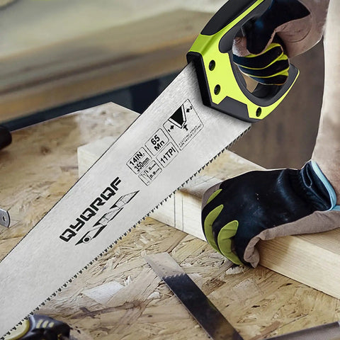 Pro Grade 14 Inch Hardpoint Handsaw With Cushioned Non Slip Grip Truly Razor Sharp Teeth For Slicing Lumber Drywall Pipe And Trim Smooth Swinging Action Jobsite Staple Contractor Favorite Tool, close-up of steel blade and handle.