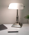 White Shade LED Desk Lamp With Vintage Banker Style, Brushed Nickel Finish, Eye Friendly Reading And Study Light For Home Office
