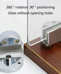 No Drilling Glass Door Hinges With Zinc Alloy Single Clamp Pivot showing 360° rotation and 90° positioning on a wood base.