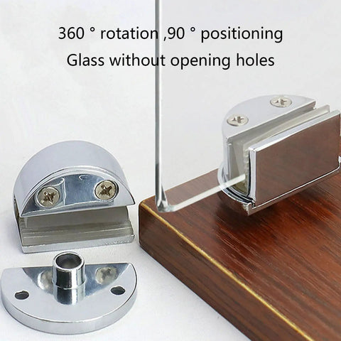 No Drilling Glass Door Hinges With Zinc Alloy Single Clamp Pivot showing 360° rotation and 90° positioning on a wood base.