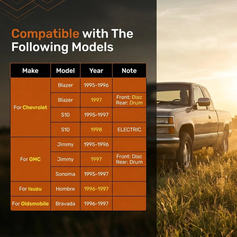 Image of compatibility chart showing models for Straight Drop In Vacuum Power Brake Booster Replacement Fits 1995 1997 Chevy Blazer S10 GMC Jimmy.