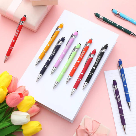 12 Piece Funny Emergency Nurse Pens Bulk Retractable Writers With Killer Hospital Vibes Solid Steel Body And Touchscreen Stylus Tip on white notebook.