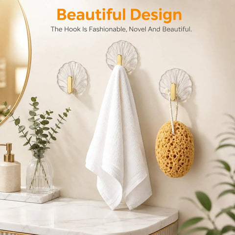 10 Pack Invisible Adhesive Wall Hooks With Chic Gold Shell Design Waterproof Heavy Duty Strong Hold For Bathroom Shower Kitchen Organization Easy Install with towel and sponge.