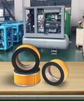 Pro Grade Air Compressor Filter Element Assembly For Cylinder Shape Air Intake Precise Filtration To Cut Debris And Extend Equipment Life Fits 106x75x51mm Models With Metal Trim Bulk Pack Of Three Replacement Filters, two pleated filters on table