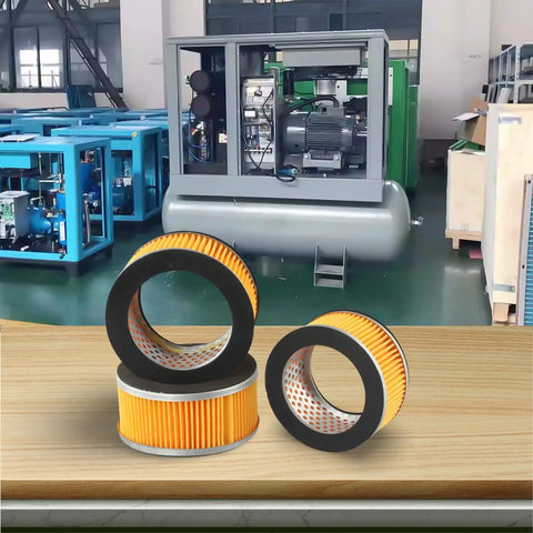 Pro Grade Air Compressor Filter Element Assembly For Cylinder Shape Air Intake Precise Filtration To Cut Debris And Extend Equipment Life Fits 106x75x51mm Models With Metal Trim Bulk Pack Of Three Replacement Filters, two pleated filters on table