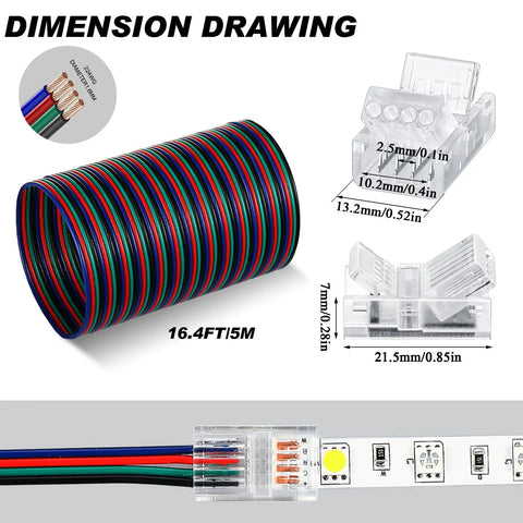 20 Pack 4 Pin 10mm Solderless LED Strip Connectors Transparent Wire Adapters 16.4ft Set dimensions and details