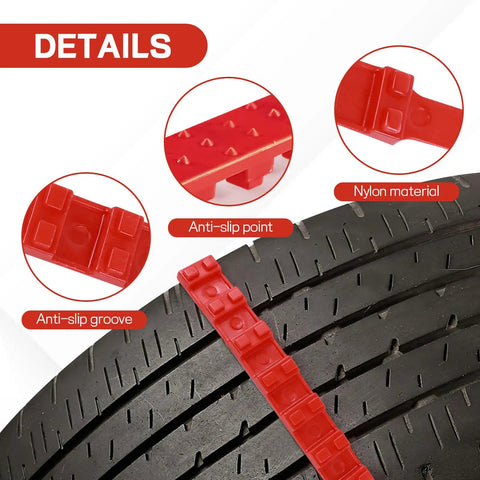 Wicked Strong 20 Pack Plastic Snow Tire Chains For Cars SUVs Trucks, nylon material shown on tire tread with anti-slip features.