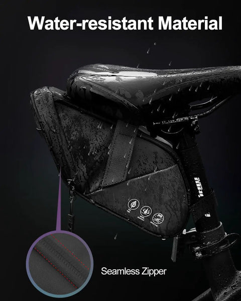 Water Resistant Under Seat Bike Bag 1L Saddle Pack For Mountain Road And City Commuter Bikes PVC Free Construction With 900D Oxford Fabric And PU Coating Rainproof Lightweight Easy Access Storage on bike depicting water-resistant material and seamless zipper.