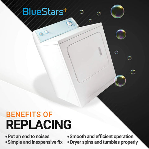 White dryer with control panel and bubbles illustrating benefits of Ultra Durable 4581EL2002C Dryer Drum Roller Assembly Pack Of 4 For LG And Kenmore Dryers Replaces AP5688895 4581EL2002A B D PS8260240 Reduces Noise Smooth Drum Support Easy Replacement Kit.