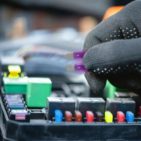 Close-up of a gloved hand holding a purple fuse near an electrical circuit board, part of a 100 Piece Car Fuse Assortment Kit With Tester And Puller Tool For Standard Mini Low Profile Blade Fuses Auto Truck Boat Electrical Replacement And Repair.