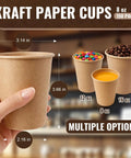 Person holding 8 oz unbleached kraft paper coffee cup, shown with measurements and other sizes available in 300 count pack.