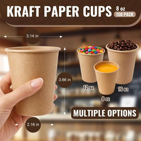 Person holding 8 oz unbleached kraft paper coffee cup, shown with measurements and other sizes available in 300 count pack.