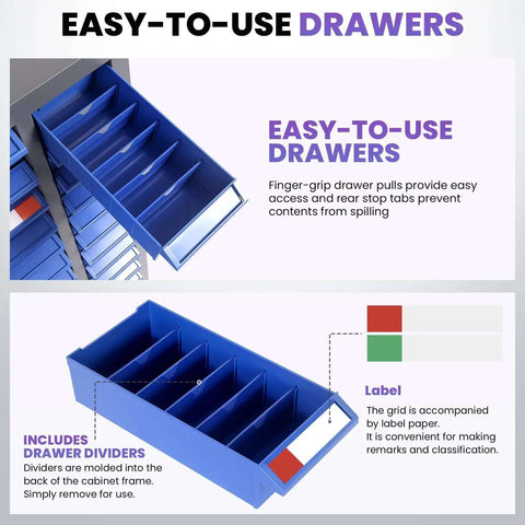75 Drawer Nut And Bolt Organizer Cabinet With Acrylic Adjustable Shelves, highlighting easy-to-use drawer dividers and labels