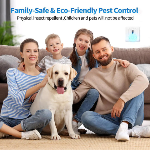 Family in living room with dog and Upgraded Ultrasonic Pest Repellent Plug In Indoor 3 Mode Switch in background on wall