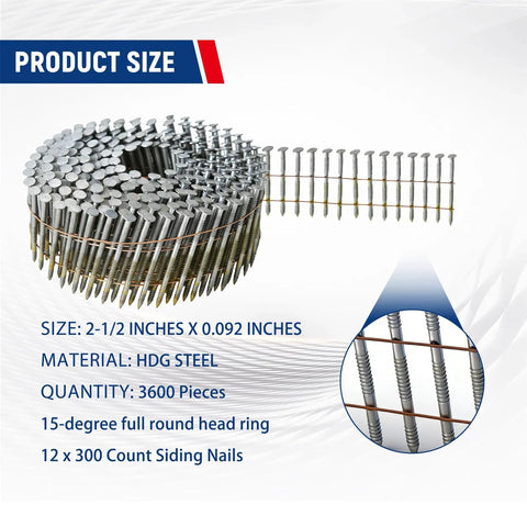 Pro Grade Heavy Duty Two And One Half Inch Ring Shank Siding Nails, 0.092 Inch Collated Wire Coil, 15 Degree, 3600 Count, Hot Dip