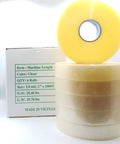 Heavy Duty Clear Packing Tape 6 Roll Bundle 2 Inches Wide By 1000 Yards Each stacked next to box, showcasing clear acrylic design.