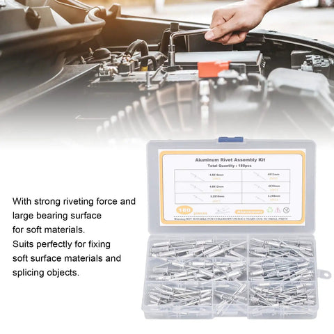 180Pcs Blind Rivet Flange Aluminum Alloy Assortment Kit with storage box for soft material projects shown in engine bay