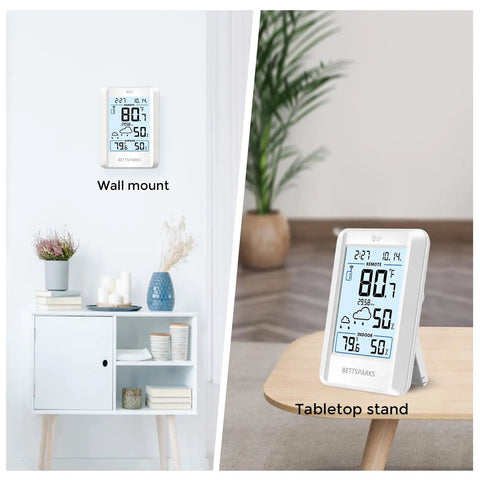 Indoor Outdoor Wireless Weather Station With 330 Foot Range No Fuss Digital Hygrometer Thermometer Battery Powered Temperature Gauge Humidity Monitor Clock And Backlight Inside Outside Readings On A Big Four Inch Display mounted on wall and on table