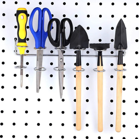 Pro Grade Pegboard Tool Holder Set With Ring Style Hooks For Screwdrivers Pliers And Small Tools Six Organizer Racks For Pegboard Easy Install Silver, showing tools organized on a pegboard.