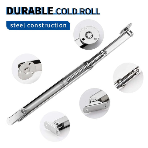 Heavy Duty Lid Hinge With Soft Close Gas Strut For 30 To 60 Pound Lids 200N Gas Spring Satin Nickel Finish close-up