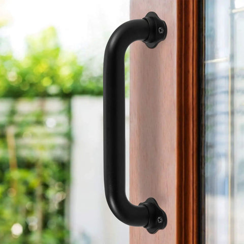 Matte Black 12 Inch Wall Mount Stair Handrail 1.3 Inch Metal Pipe Grab Bar on wooden surface for outdoor use