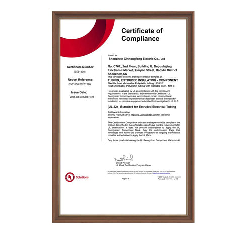 Certificate of compliance for 3/16 Inch Heat Shrink Tubing Roll 55 Ft 2 To 1 Shrink Ratio Black UL Listed CSA Certified