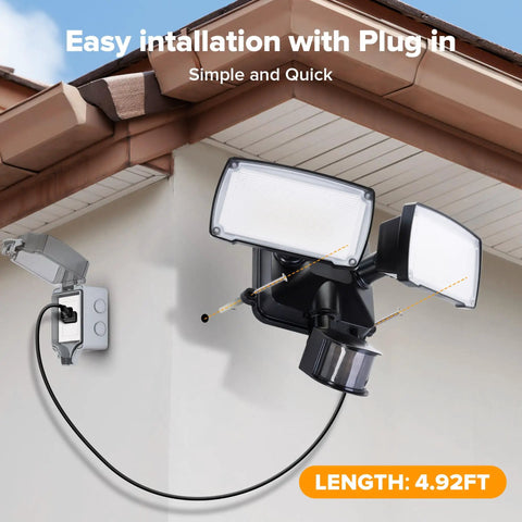 Plug In Motion Sensor Outdoor Light With 2500 Lumen Daylight Output, IP65 Waterproof Dual Head Fixture For Garages And Patios. Zero Hassle Wiring Brings Hella Bright Security Illumination Exactly Where You Need It.