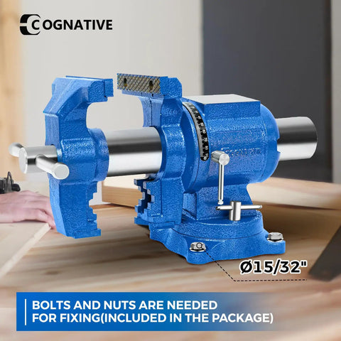 Heavy Duty 5 Inch Bench Vise With Ductile Iron Body 360 Degree Swivel Anvil 4000 Kg Clamp Blue Finish on workbench