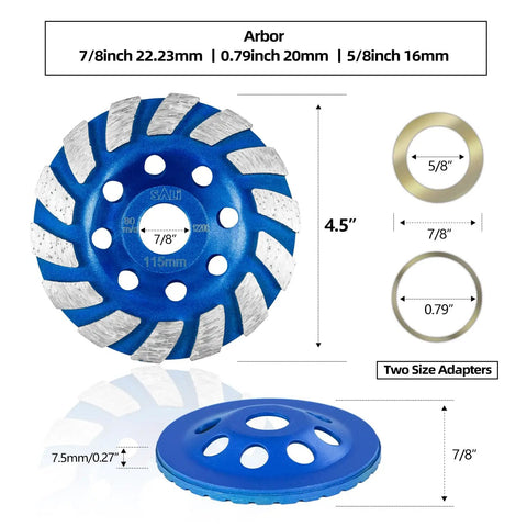 Diamond Concrete Grinding Wheel 4.5 Inch Turbo Cup For Polishing And Cleaning Concrete Stone Cement Marble Granite And Thinset Removal Two Arbor Adapters Included Angled Grinder Segment Wheel 115mm 22.23mm Pro Grade