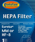 EnviroCare HEPA Filter packaging for Eureka MM or HF-8 vacuum with compatibility details and vacuum illustration