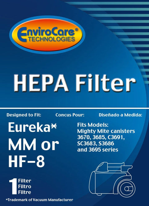 EnviroCare HEPA Filter packaging for Eureka MM or HF-8 vacuum with compatibility details and vacuum illustration