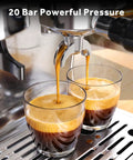 Top Tier 58mm Espresso Machine With Integrated Conical Burr Grinder, 30 Grind Settings, 20 Bar Italian Pump, PID Temp Control, Creamy Steam Wand, Legit Home Barista Setup For Killer Lattes And Dreamy Cappuccinos Zero Hassle pulling espresso shots into two glasses.