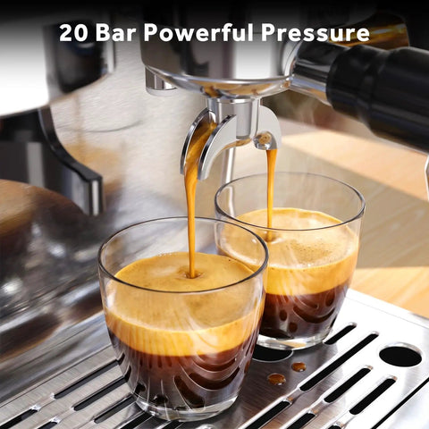 Top Tier 58mm Espresso Machine With Integrated Conical Burr Grinder, 30 Grind Settings, 20 Bar Italian Pump, PID Temp Control, Creamy Steam Wand, Legit Home Barista Setup For Killer Lattes And Dreamy Cappuccinos Zero Hassle pulling espresso shots into two glasses.