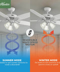 52 Inch Indoor Ceiling Fan With LED Lights In Snow White Finish Pull Chain Control Five Blades Perfect For Bedroom Or Living Room Standard Mount No Remote Includes Bright LED Bulbs displayed in summer and winter modes.
