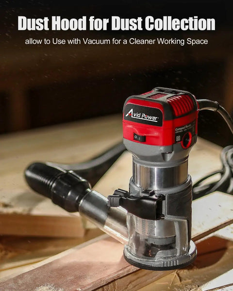 Beefy Compact Wood Router With 6.5 Amp 1.25 HP Power, Fixed Base, Includes Trim Bits, Six Variable Speeds, Edge Guide, Roller Guide, Dust Hood, 65mm Shaft, Red in use with dust hood on wood surface