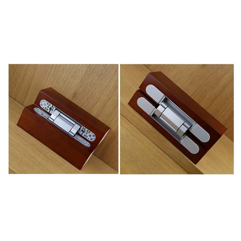 Beefy 6 Inch Hidden Door Hinge Set Concealed Zinc Alloy With Silent Hydraulic Buffer installed in wood example