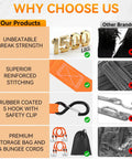 Why choose Heavy Duty Ratchet Tie Down Straps 1500 Lb Break Strength showing features like stitching, hooks, and storage.