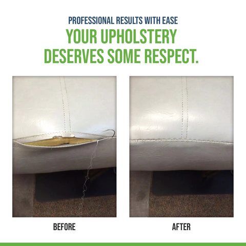 Before and after using the Seam Stitch Repair Kit For Vinyl Fabric Leather And Canvas Restore Damaged Seams On Car Seats Boat Seats Furniture And Clothes Diy Sew Kit With Black And White Thread on upholstery.