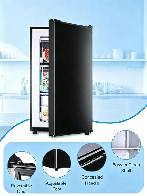 3.2 Cu Ft Upright Mini Freezer Delivers Hardcore Fast Freeze Power With Three Level Thermostat, black finish with adjustable foot.