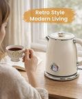 Retro Electric Kettle 1.7L With Stainless Steel Interior No Plastic Contact Double Wall Cool Touch Fast Boil 1500W Thermometer in kitchen setting