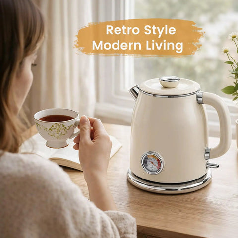 Retro Electric Kettle 1.7L With Stainless Steel Interior No Plastic Contact Double Wall Cool Touch Fast Boil 1500W Thermometer in kitchen setting