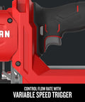 Close-up of V20 Cordless Grease Gun With 40 Inch Hose, LED Light, 10,000 PSI showing variable speed trigger detail.