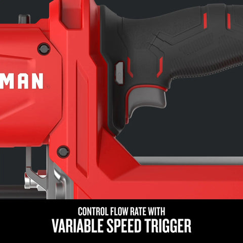 Close-up of V20 Cordless Grease Gun With 40 Inch Hose, LED Light, 10,000 PSI showing variable speed trigger detail.