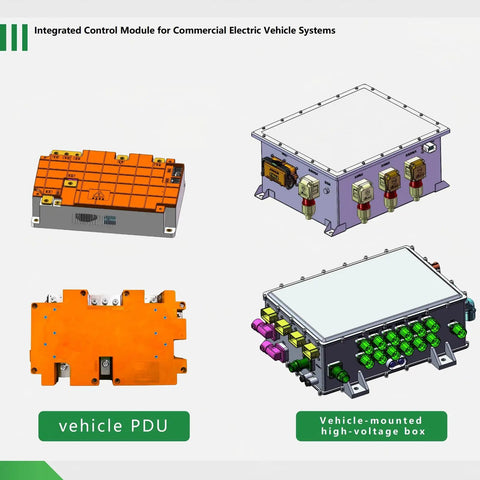 Integrated Control Module for Commercial Electric Vehicle Systems with vehicle PDU and high-voltage box components.