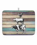 Farmhouse Animal Dish Drying Mat 18x24 Inches with wood grain look, featuring cow, pig, chicken illustration, absorbent microfiber pad