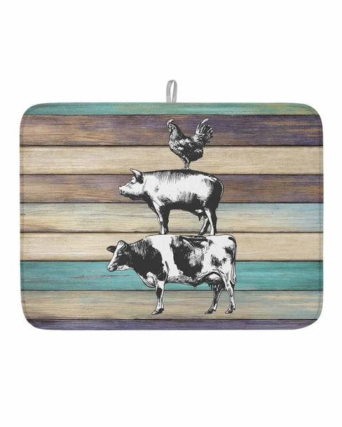 Farmhouse Animal Dish Drying Mat 18x24 Inches with wood grain look, featuring cow, pig, chicken illustration, absorbent microfiber pad