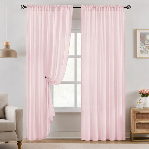Privacy Semi Sheer Curtains Light Pink 84 Inch Long 2 Panel Set W52 X L84 Light Filtering Drapes Installed in Living Room