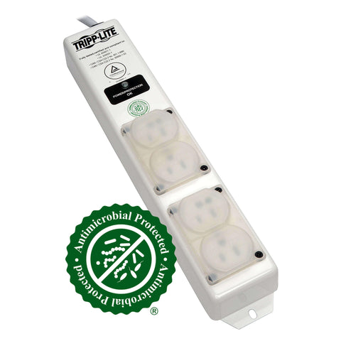 Medical-Grade Surge Protector Power Strip With 4 Hospital-Grade Outlets, 6 Ft Cord, antibacterial label, angled view