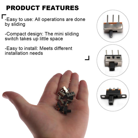 Ultra Compact Mini Micro Slide Switch Kit With 90 Pieces 1P2T 2 Position 3 Pin SPDT Toggle Switches in hand illustration